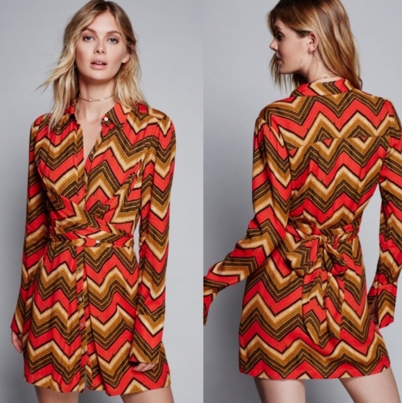 Free People Alistair Retro Chevron Sz XS Button Down Front Shirt Mini Dress - Picture 1 of 13